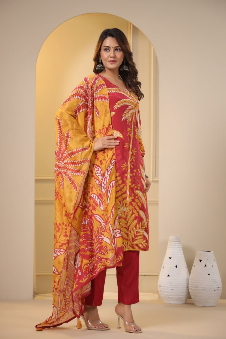 Floral Crape Pant Dupatta Set