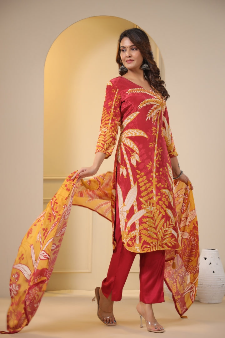 Floral Crape Pant Dupatta Set