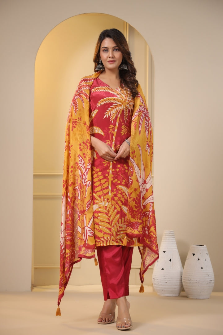 Floral Crape Pant Dupatta Set
