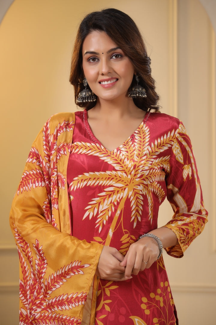 Floral Crape Pant Dupatta Set
