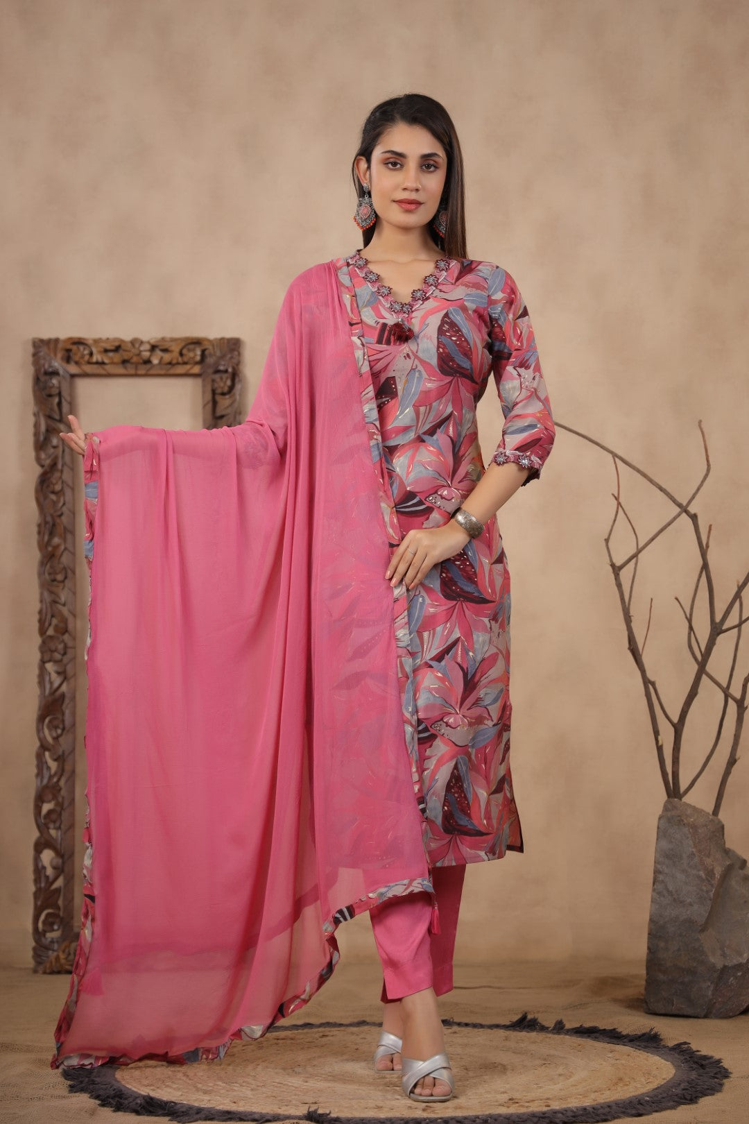 Modal-Muslin Floral Kurta Pant Dupatta Set