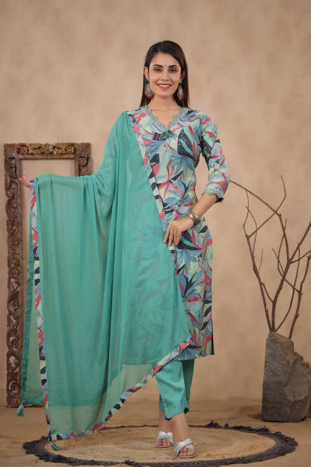 Modal-Muslin Floral Kurta Pant Dupatta Set