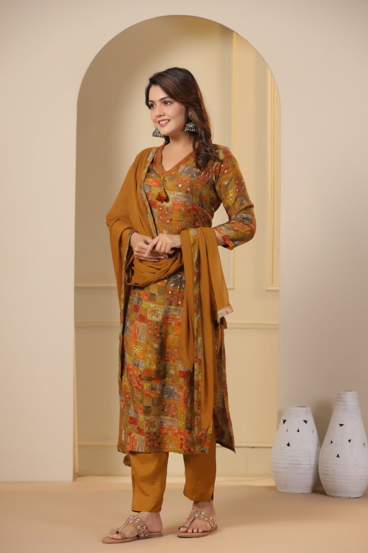 Modal-Chanderi Kurta Pant Dupatta Set